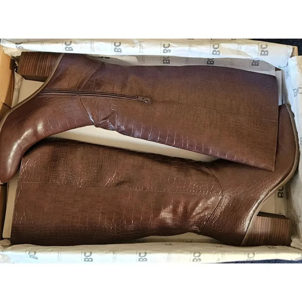 BC Footwear Make An Impact Vegan Croc-Embossed Stacked Heel Knee-High Boots 10M